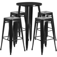 Flash Furniture CH-51080BH-4-30SQST-BK-GG 24" Round Black Metal Indoor / Outdoor Bar Height Table with 4 Square Seat Backless Stools