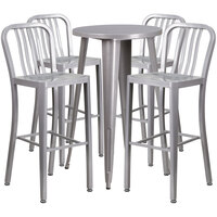 Flash Furniture CH-51080BH-4-30VRT-SIL-GG 24" Round Silver Metal Indoor / Outdoor Bar Height Table with 4 Vertical Slat Back Stools