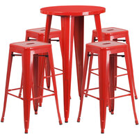 Flash Furniture CH-51080BH-4-30SQST-RED-GG 24" Round Red Metal Indoor / Outdoor Bar Height Table with 4 Square Seat Backless Stools