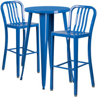 Flash Furniture CH-51080BH-2-30VRT-BL-GG 24" Round Blue Metal Indoor / Outdoor Bar Height Table with 2 Vertical Slat Back Stools