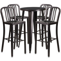 Flash Furniture CH-51080BH-4-30VRT-BQ-GG 24" Round Black-Antique Gold Metal Indoor / Outdoor Bar Height Table with 4 Vertical Slat Back Stools