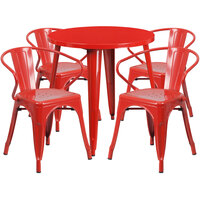 Flash Furniture CH-51090TH-4-18ARM-RED-GG 30" Round Red Metal Indoor / Outdoor Table with 4 Arm Chairs