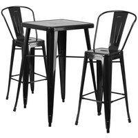 Flash Furniture CH-31330B-2-30GB-BK-GG 23 3/4" Square Black Metal Indoor / Outdoor Bar Height Table with 2 Cafe Stools