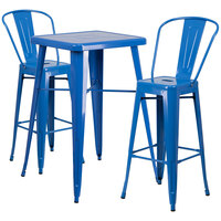 Flash Furniture CH-31330B-2-30GB-BL-GG 23 3/4" Square Blue Metal Indoor / Outdoor Bar Height Table with 2 Cafe Stools