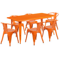 Flash Furniture ET-CT005-6-70-OR-GG 31 1/2" x 63" Rectangular Orange Metal Indoor / Outdoor Dining Height Table with 6 Arm Chairs