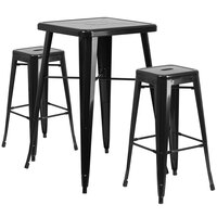 Flash Furniture CH-31330B-2-30SQ-BK-GG 24" Square Black Metal Indoor / Outdoor Bar Height Table with 2 Square Seat Backless Stools