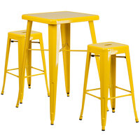 Flash Furniture CH-31330B-2-30SQ-YL-GG 24" Square Yellow Metal Indoor / Outdoor Bar Height Table with 2 Square Seat Backless Stools