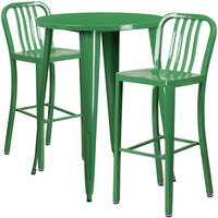 Flash Furniture CH-51090BH-2-30VRT-GN-GG 30" Round Green Metal Indoor / Outdoor Bar Height Table with 2 Vertical Slat Back Stools