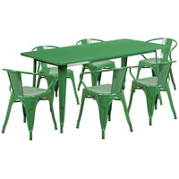 Flash Furniture ET-CT005-6-70-GN-GG 31 1/2" x 63" Rectangular Green Metal Indoor / Outdoor Dining Height Table with 6 Arm Chairs