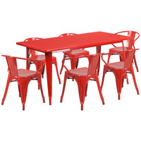 Flash Furniture ET-CT005-6-70-RED-GG 31 1/2" x 63" Rectangular Red Metal Indoor / Outdoor Dining Height Table with 6 Arm Chairs