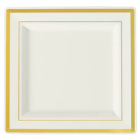 Fineline Silver Splendor 5504-BO 4 1/2" Bone/Ivory Plastic Square Plate with Gold Bands - 120/Case