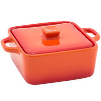 Front of the House DBO136ORC23 Kiln 8 oz. Blood Orange Square Stoneware Ovenware Dish with Lid - 12/Case