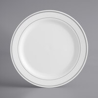 Visions 9" White Plastic Plate with Silver Bands - 120/Case