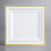 Visions 10" Square White Plastic Plate with Gold Bands - 120/Case