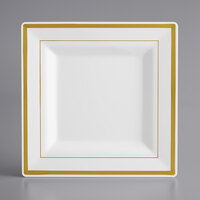 Visions 8" Square White Plastic Plate with Gold Bands - 120/Case