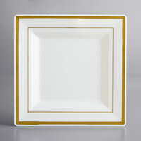 Visions 8" Square Bone / Ivory Plastic Plate with Gold Bands - 120/Case