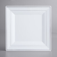 Visions 10" Square White Plastic Plate with Silver Bands - 120/Case