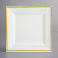 Visions 10" Square Bone / Ivory Plastic Plate with Gold Bands - 10/Pack