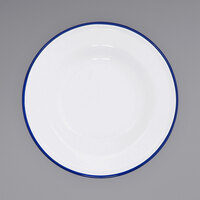 Crow Canyon Home V19BLU Vintage 8" White Wide Rim Enamelware Footed Plate with Blue Rolled Rim