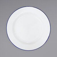 Crow Canyon Home V20BLU Vintage 10 1/4" White Wide Rim Enamelware Footed Plate with Blue Rolled Rim