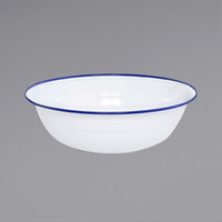 Crow Canyon Home V25BLU Vintage 8 Qt. White Round Enamelware Footed Basin with Blue Rolled Rim