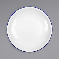 Crow Canyon Home V123BLU Vintage 8" White Coupe Enamelware Plate with Blue Rolled Rim