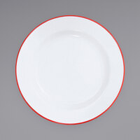 Crow Canyon Home V20RED Vintage 10 1/4" White Wide Rim Enamelware Footed Plate with Red Rolled Rim