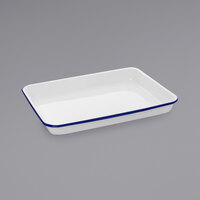 Crow Canyon Home V190BLU Vintage 11 1/4" x 8 3/4" White Rectangular Enamelware Tray with Blue Rolled Rim