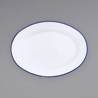 Crow Canyon Home V94BLU Vintage 11 7/8" x 8 11/16" White Enamelware Oval Plate with Blue Rolled Rim