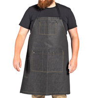 Uncommon Chef 3122 Black Cat Denim Customizable Cotton Eclipse Bib Apron with Black Webbing and 7 Pockets - 34" x 31"