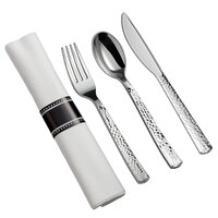 Visions 18" x 15 1/2" Pre-Rolled Linen-Feel White Napkin and Hammersmith Heavy Weight Silver Plastic Cutlery Set - 25/Pack