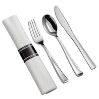 Visions 18" x 15 1/2" Pre-Rolled Linen-Feel White Napkin and Classic Heavy Weight Silver Plastic Cutlery Set - 25/Pack