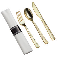 Visions 18" x 15 1/2" Pre-Rolled Linen-Feel White Napkin and Hammersmith Heavy Weight Gold Plastic Cutlery Set - 25/Pack