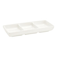 Front of the House Catalyst 3 oz. European White Triple Compartment Rectangular Porcelain Sauce Dish - 12/Case