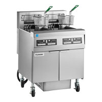 Frymaster FPRE214 High Efficiency Electric Floor Fryer with (2) 50 lb. Open Frypots, Built-In Filtration, and CM 3.5 Controls - 208V, 3 Phase, 28 kW