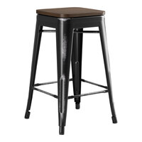 Lancaster Table & Seating Alloy Series Distressed Onyx Black Indoor Backless Counter Height Stool with Walnut Wood Seat