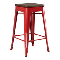 Lancaster Table & Seating Alloy Series Ruby Red Indoor Backless Counter Height Stool with Walnut Wood Seat