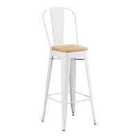 Lancaster Table & Seating Alloy Series Pearl White Indoor Cafe Barstool with Natural Wood Seat