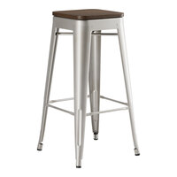 Lancaster Table & Seating Alloy Series Silver Indoor Backless Barstool with Walnut Wood Seat