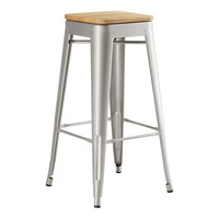 Lancaster Table & Seating Alloy Series Silver Indoor Backless Barstool with Natural Wood Seat