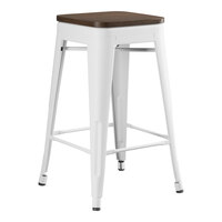 Lancaster Table & Seating Alloy Series Pearl White Indoor Backless Counter Height Stool with Walnut Wood Seat