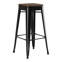 Lancaster Table & Seating Alloy Series Onyx Black Indoor Backless Barstool with Walnut Wood Seat