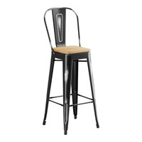 Lancaster Table & Seating Alloy Series Distressed Onyx Black Indoor Cafe Barstool with Natural Wood Seat