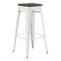 Lancaster Table & Seating Alloy Series Pearl White Indoor Backless Barstool with Walnut Wood Seat