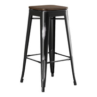 Lancaster Table & Seating Alloy Series Distressed Onyx Black Indoor Backless Barstool with Walnut Wood Seat