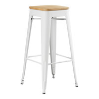 Lancaster Table & Seating Alloy Series Pearl White Indoor Backless Barstool with Natural Wood Seat