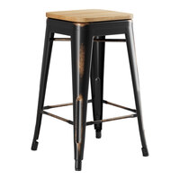 Lancaster Table & Seating Alloy Series Distressed Copper Indoor Backless Counter Height Stool with Natural Wood Seat