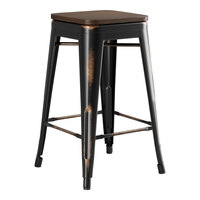 Lancaster Table & Seating Alloy Series Distressed Copper Indoor Backless Counter Height Stool with Walnut Wood Seat