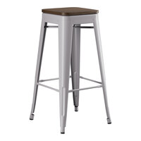 Lancaster Table & Seating Alloy Series Nickel Gray Indoor Backless Barstool with Walnut Wood Seat