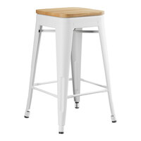 Lancaster Table & Seating Alloy Series Pearl White Indoor Backless Counter Height Stool with Natural Wood Seat